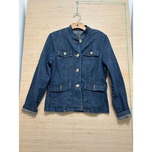 Bentley A Womens Dark Wash Denim Utility Jacket Mandarin Collar Size 4